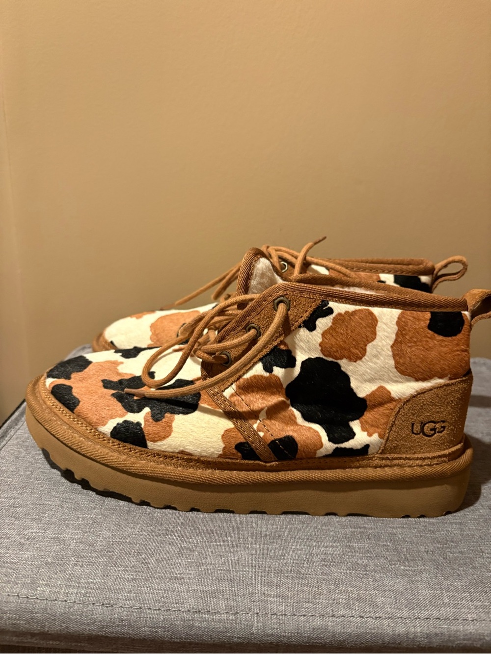 UGG Womens Tan, Black & White Cow Print Lace-Up Boots